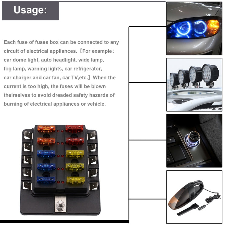 1 in 10 Out Fuse Box PC Terminal Block Fuse Holder Kits with LED Warning Indicator for Auto Car Truck Boat, 1 in 10 Out (PC Terminal Block)