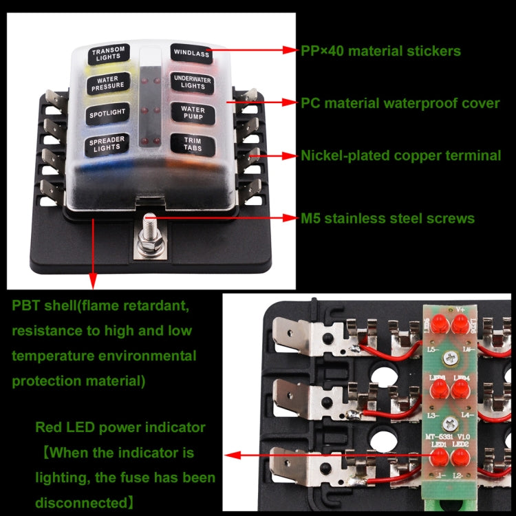 1 in 8 Out Fuse Box PC Terminal Block Fuse Holder Kits with LED Warning Indicator for Auto Car Truck Boat, 1 in 8 Out (PC Terminal Block)