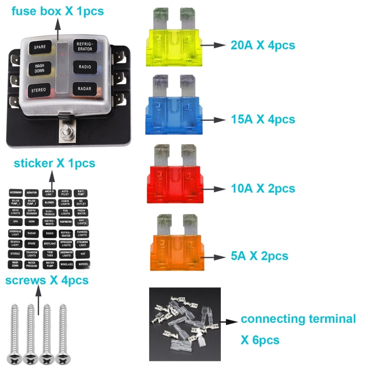 1 in 6 Out Fuse Box PC Terminal Block Fuse Holder Kits with LED Warning Indicator for Auto Car Truck Boat, 1 in 6 Out (PC Terminal Block)