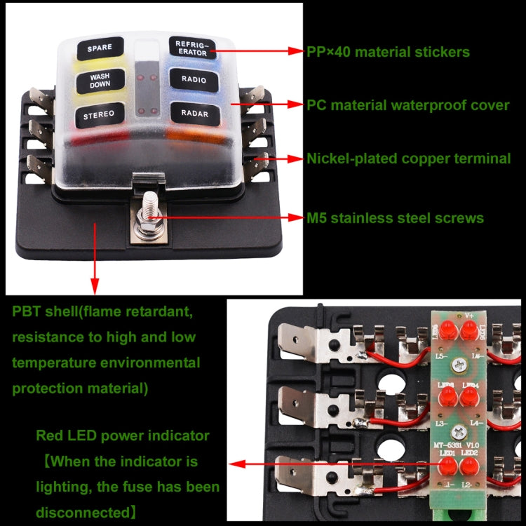 1 in 6 Out Fuse Box PC Terminal Block Fuse Holder Kits with LED Warning Indicator for Auto Car Truck Boat, 1 in 6 Out (PC Terminal Block)