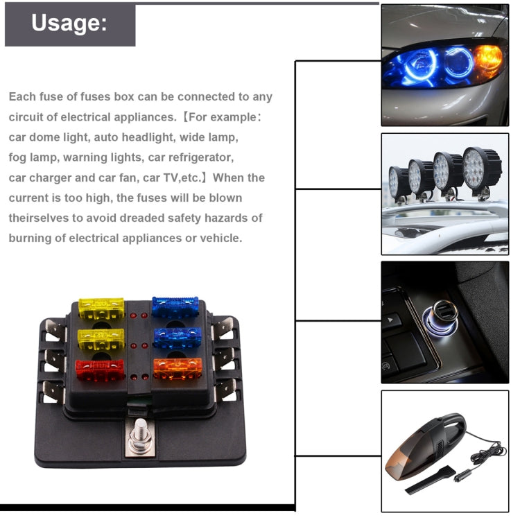 1 in 6 Out Fuse Box PC Terminal Block Fuse Holder Kits with LED Warning Indicator for Auto Car Truck Boat, 1 in 6 Out (PC Terminal Block)