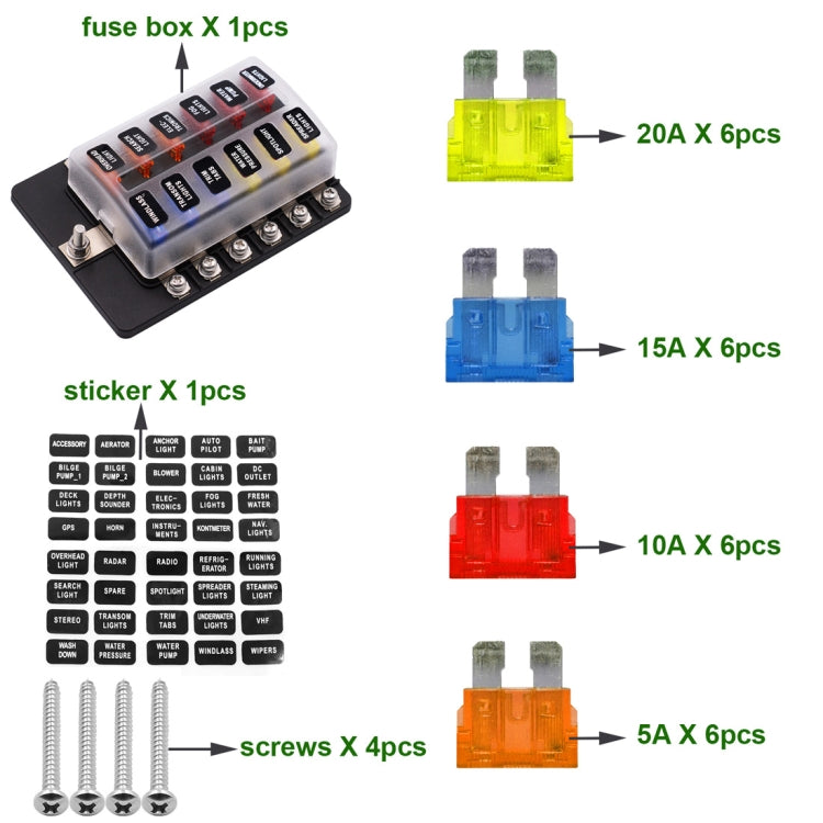 1 in 12 Out Fuse Box Screw Terminal Section Fuse Holder Kits with LED Warning Indicator for Auto Car Truck Boat, 1 in 12 Out (Screw Terminal Section)