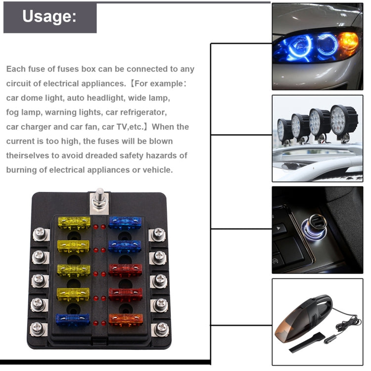 1 in 10 Out Fuse Box Screw Terminal Section Fuse Holder Kits with LED Warning Indicator for Auto Car Truck Boat, 1 in 10 Out (Screw Terminal Section)