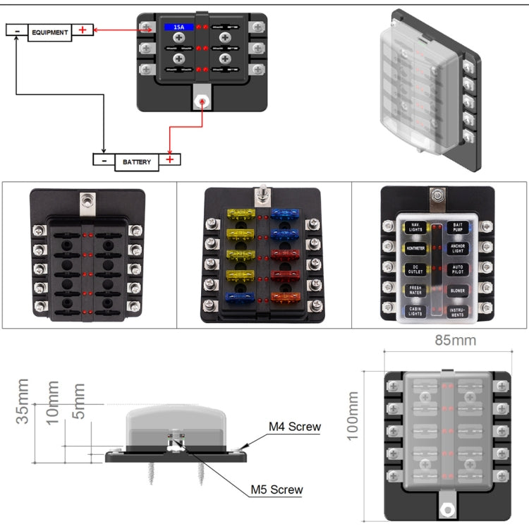 1 in 10 Out Fuse Box Screw Terminal Section Fuse Holder Kits with LED Warning Indicator for Auto Car Truck Boat, 1 in 10 Out (Screw Terminal Section)