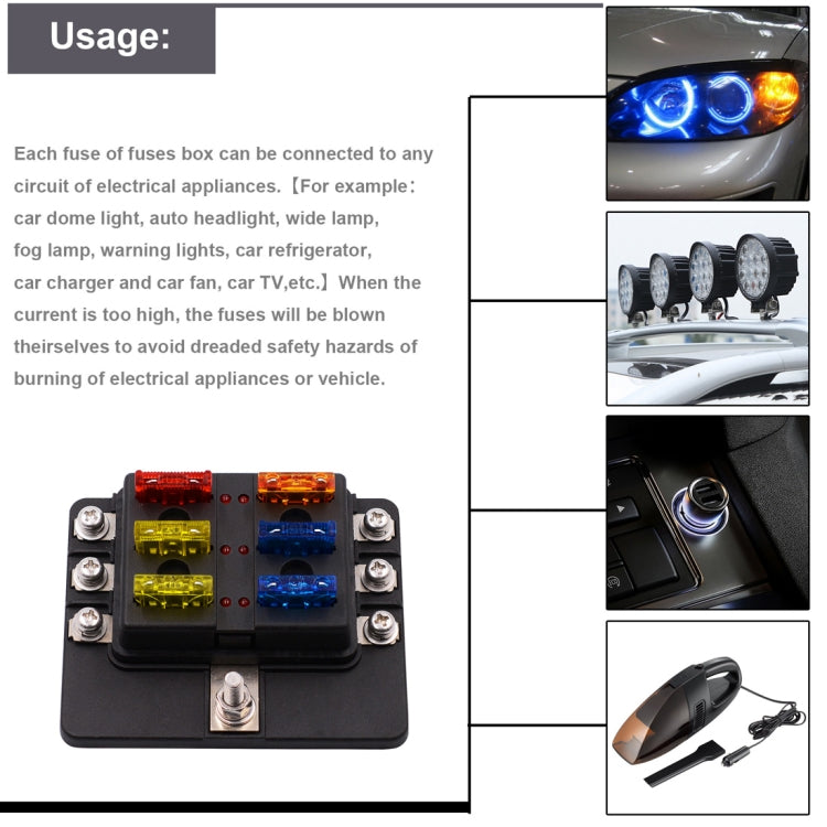 1 in 6 Out 6 Way Circuit Fuse Box Screw Terminal Section Fuse Holder Kits with LED Warning Indicator for Auto Car Truck Boat, 1 in 6 Out (Screw Terminal Section)