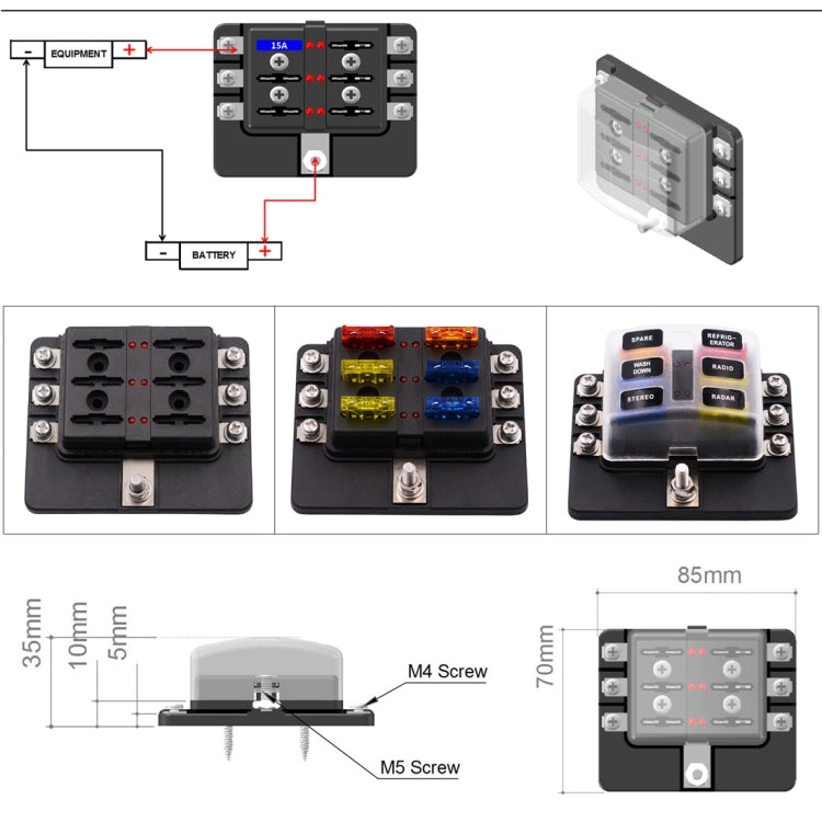 1 in 6 Out 6 Way Circuit Fuse Box Screw Terminal Section Fuse Holder Kits with LED Warning Indicator for Auto Car Truck Boat, 1 in 6 Out (Screw Terminal Section)