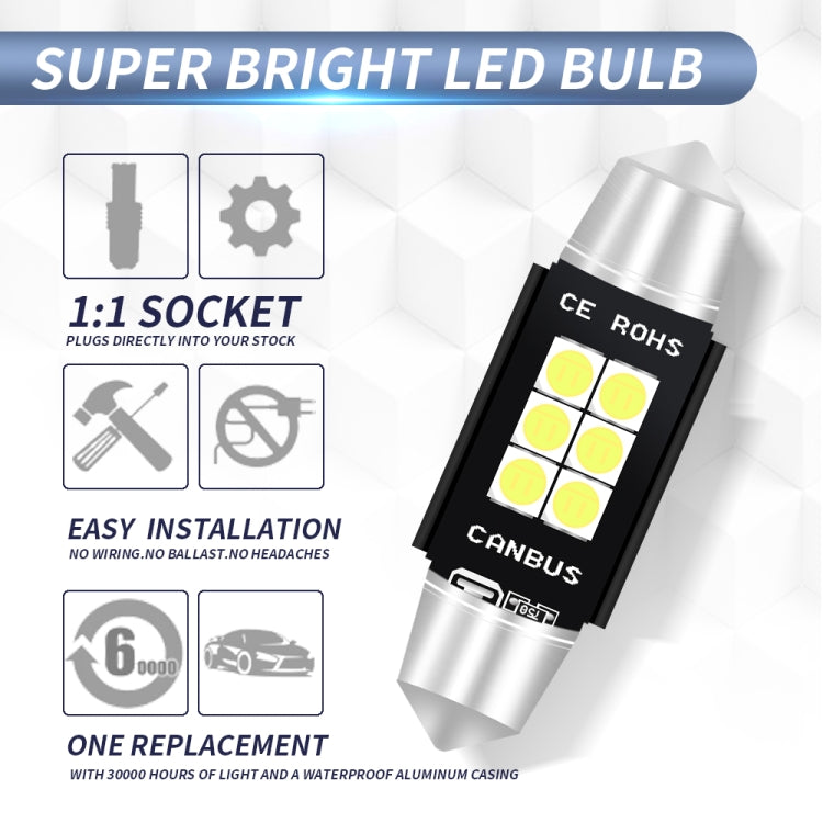 2 PCS 42mm DC12V-24V 3W 6000K 660LM 6LEDs SMD-3030 Car Reading Lamp / License Plate Light, 42mm