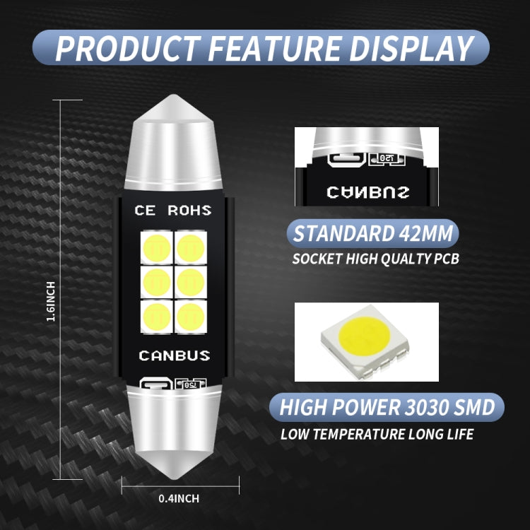 2 PCS 42mm DC12V-24V 3W 6000K 660LM 6LEDs SMD-3030 Car Reading Lamp / License Plate Light, 42mm