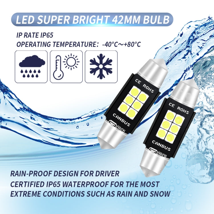 2 PCS 42mm DC12V-24V 3W 6000K 660LM 6LEDs SMD-3030 Car Reading Lamp / License Plate Light, 42mm