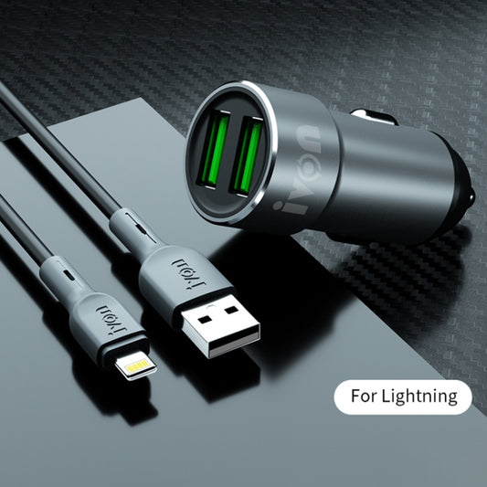 IVON CC38 Chargeur de Voiture Double USB 2.4A + Câble de Charge Rapide et de Données USB vers 8 Broches 1m, 8 Broches