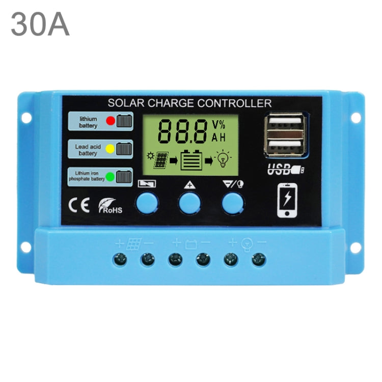30A Solar Charge Controller 12V / 24V Lithium Lead-Acid Battery Charge Discharge PV Controller, with Indicator Light, 30A, with Indicator Light