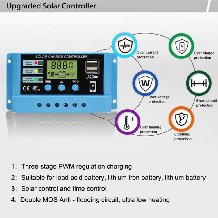 30A Solar Charge Controller 12V / 24V Lithium Lead-Acid Battery Charge Discharge PV Controller, with Indicator Light, 30A, with Indicator Light