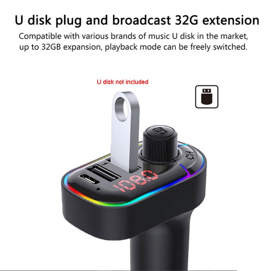 Chargeur de voiture multifonction C12 double USB Transmetteur FM Bluetooth avec lumière d'ambiance, C12