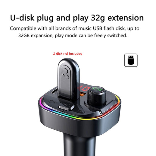 Chargeur de voiture multifonctionnel C13 double USB PD à charge rapide, transmetteur FM Bluetooth avec lumière d'ambiance, C13
