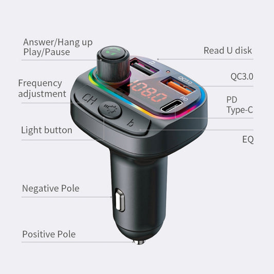 C14 Chargeur USB de voiture multifonctionnel double QC3.0+PD18W transmetteur FM Bluetooth avec lumière d'ambiance, C14