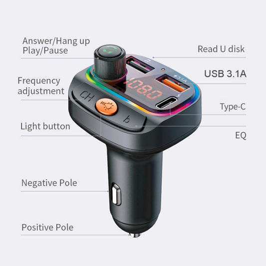 C15 Chargeur USB double 3,1 A + type C multifonctionnel de voiture Transmetteur Bluetooth FM avec lumière d'ambiance, C15