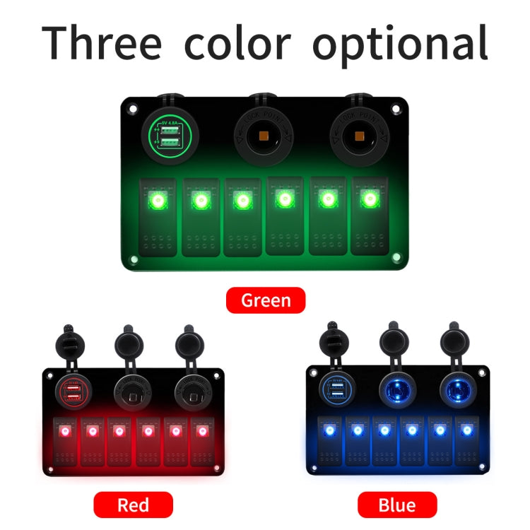 Panneau de commutation combiné multifonctionnel 12V / 24V, 6 interrupteurs + double chargeur USB pour voiture, camping-car, bateau marin, 6 voies (lumière bleue), 6 voies (lumière verte), 6 voies (lumière rouge)