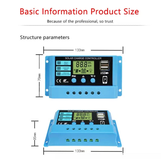 30A Solar Charge Controller 12V / 24V Lithium Lead-Acid Battery Charge Discharge PV Controller, 30A