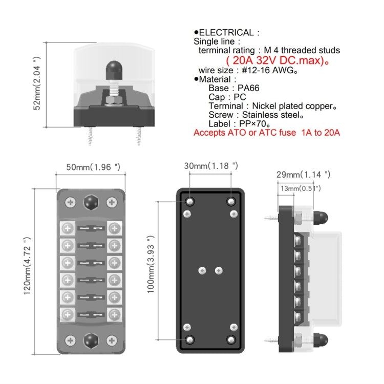 ZH-979A1 FB1903 1 In 1 Out 6 Ways No Distinction Positive Negative Fuse Box with 12 Fuses for Auto Car Truck Boat, ZH-979A1