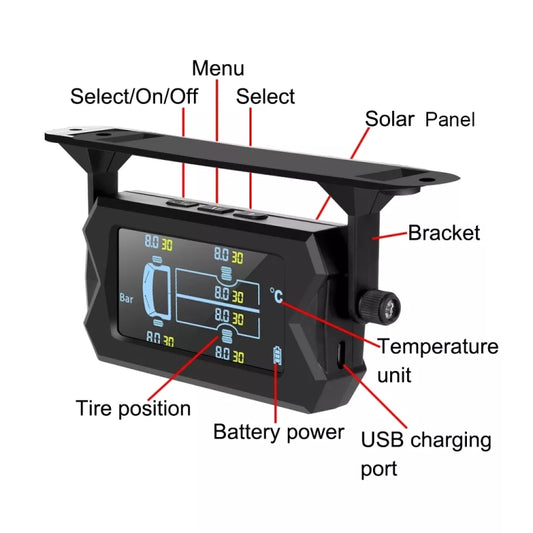 15Bar Solar Wireless Tire Pressure Monitoring System TPMS 6 External Sensors for 6-wheel Truck Bus, 15Bar