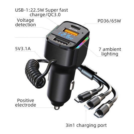 Chargeur rapide de voiture K4 3 en 1 double port PD + USB avec câble de données à ressort, K4