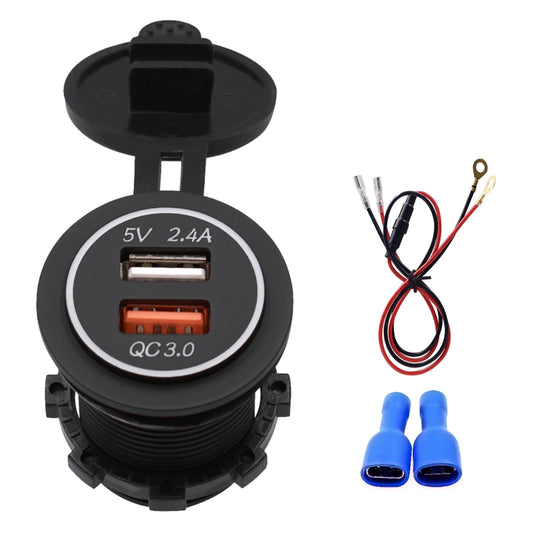 Universal Car QC3.0 Dual Port USB Charger Power Outlet Adapter 5V 2.4A IP66 with 60cm Cable, 2.4A + 60cm Cable (Red Light), 2.4A + 60cm Cable (White Light), 2.4A + 60cm Cable(Blue Light), 2.4A + 60cm Cable (Green Light)