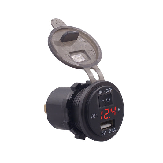 Universal Car Single Port USB Charger Power Outlet Adapter 2.4A 5V IP66 with LED Digital Voltmeter + Switch + 60cm Cable, 2.4A + Switch + 60cm Cable (Red Light)