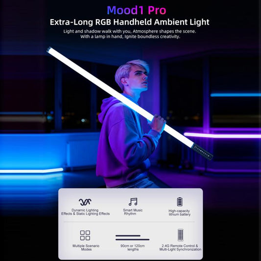 LUXCeO Mood1 Pro 90cm RVB Lumière d'appoint LED portative à rythme coloré pour photos et vidéos, sans trépied, 90cm