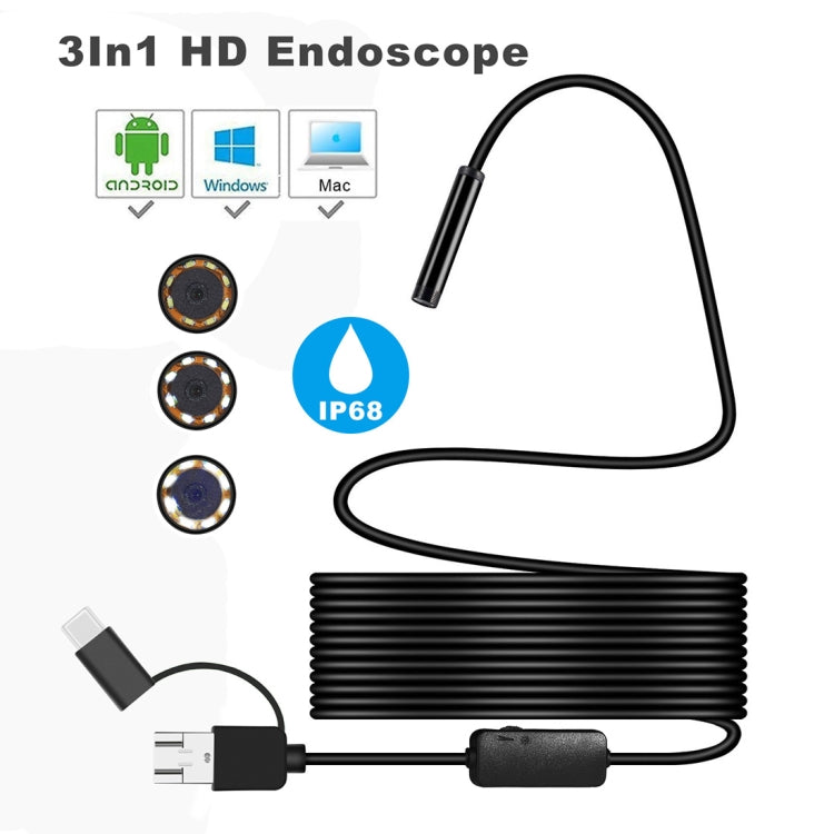 Y101 8mm Spiral Head 3 In 1 Waterproof Digital Endoscope Inspection Camera, Length: 5m Hard Cable, Length: 5m Hard Cable