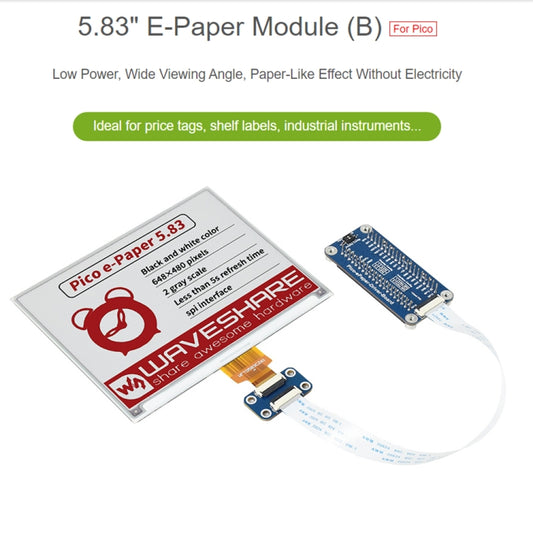 Waveshare 5.83 inch 648x480 Pixel Red Black White E-Paper E-Ink Display Module (B) for Raspberry Pi Pico, SPI Interface, 20127
