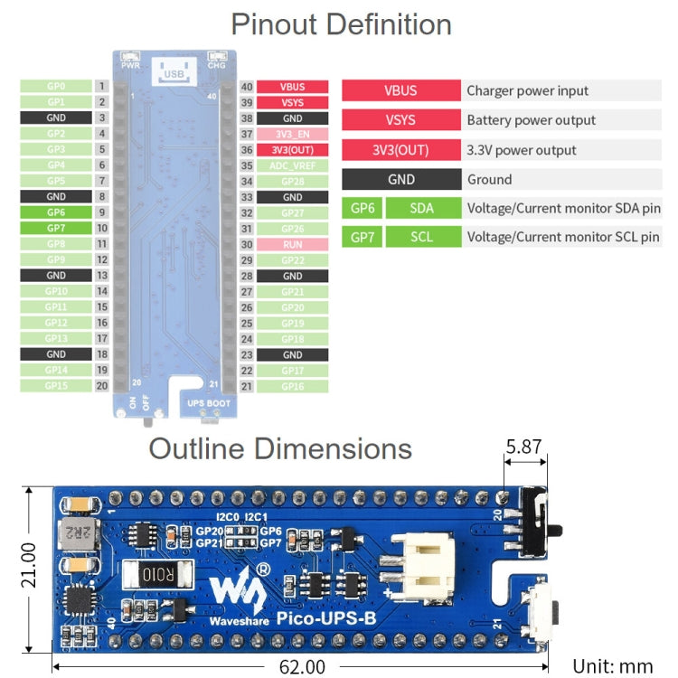 Module UPS Waveshare Alimentation sans interruption Module de batterie Li-Po 600mAh Carte empilable pour Raspberry Pi Pico, UPS