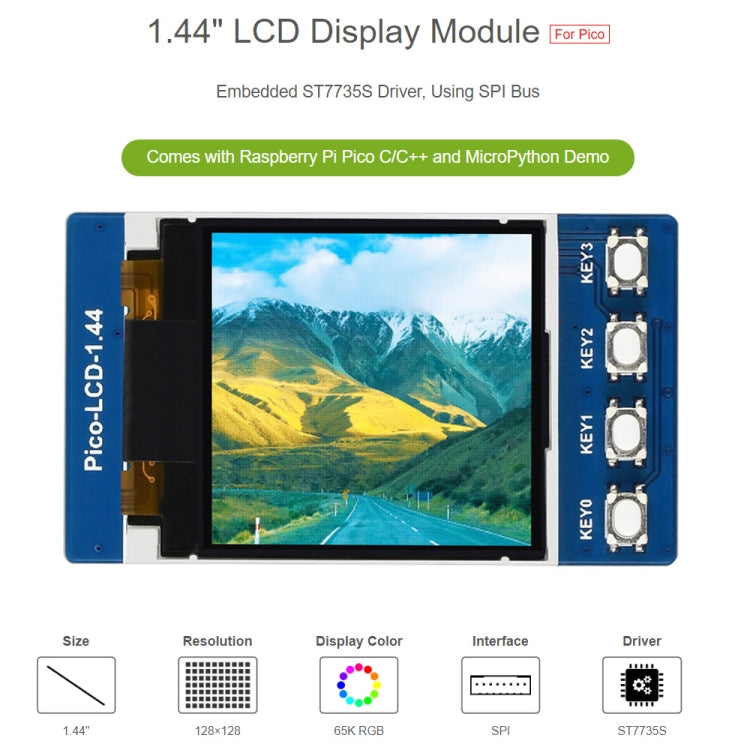 WAVESHARE 1.44 inch LCD 65K Colors 128 x 128 Display Module for Raspberry Pi Pico, SPI Interface, 1.44 inch
