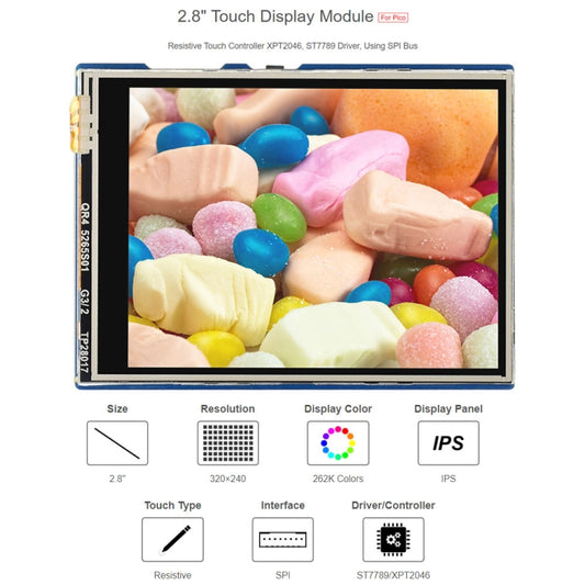 WAVESHARE 2.8 inch 262K Colors 320 x 240 Pixel Touch Display Module for Raspberry Pi Pico, SPI Interface, 2.8 inch