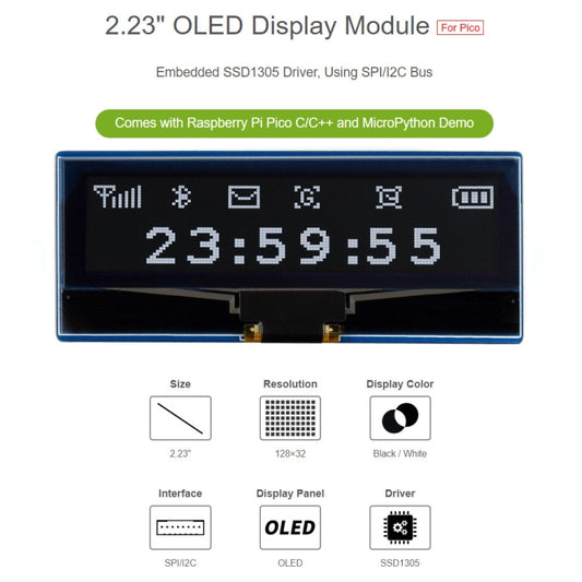 WAVESHARE 128 x 32 Pixel 2.23 inch OLED Display Module for Raspberry Pi Pico, SPI/I2C, 19750
