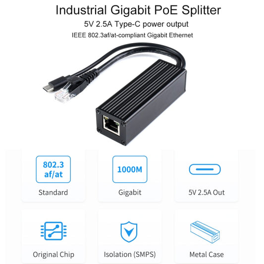 Waveshare Metal Case Gigabit PoE Splitter, 5V 2.5A Type-C Out