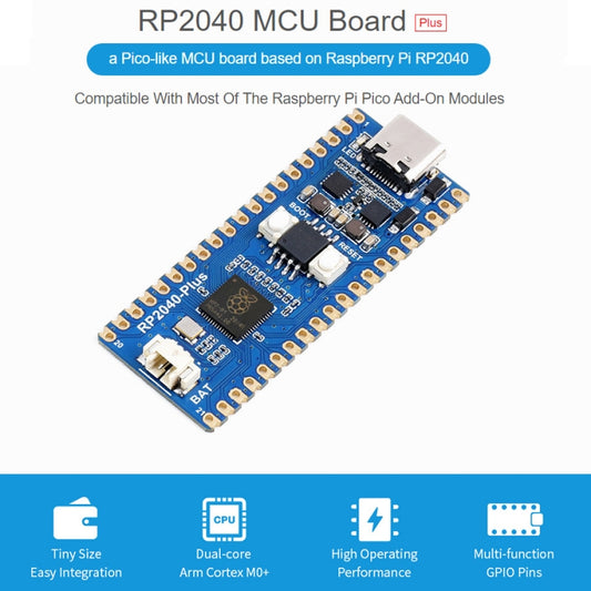 Waveshare RP2040-Plus Pico-like MCU Board Based on Raspberry Pi MCU RP2040, with Pinheader, RP2040-Plus with Pinheader