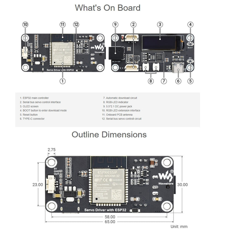 Carte d'extension de pilote de servomoteur Waveshare ESP32, Wi-Fi et BT intégrés, 21593