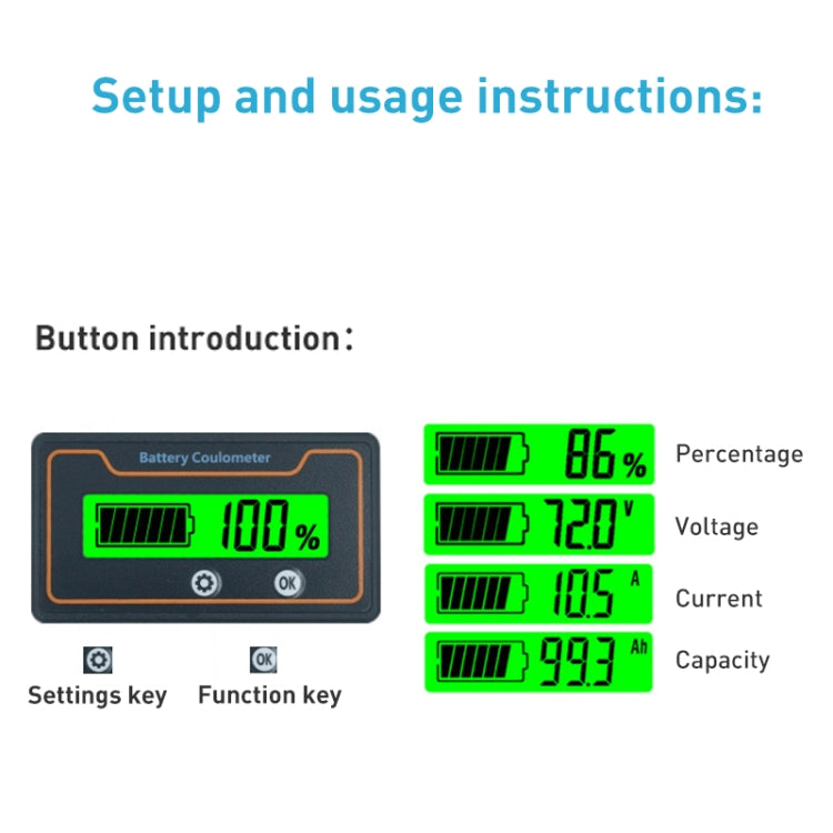 2m 100A 12V 48V Digital Display DC Current Voltmeter Lead-Acid Lithium Battery Charge Meter, 2m 100A