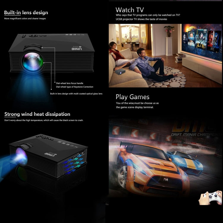 UC68+ 40ANSI 1024 x 600P Home Theater Multimedia HD LED Projector, Support USB/SD/HDMI/VGA/IR