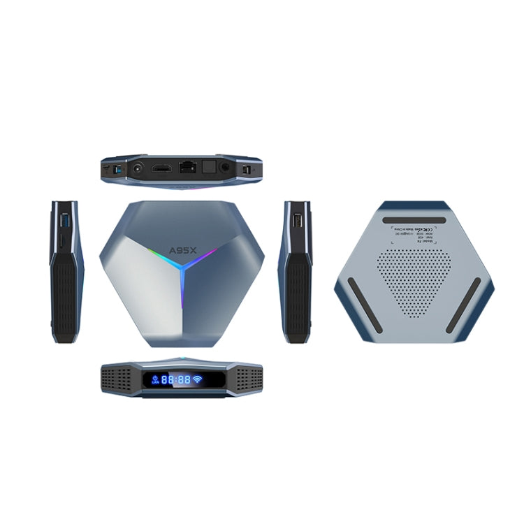 A95X F4 8K UHD Smart TV BOX Android 10.0 Media Player wtih Remote Control, Amlogic S905X4 Quad Core Cortex-A55 up to 2.0GHz, RAM: 4GB, ROM: 64GB, 2.4GHz/5GHz WiFi, Bluetooth, EU Plug(Metallic Blue), 4GB+64GB