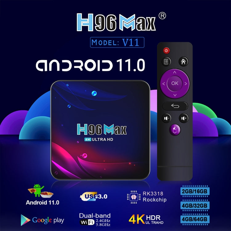 H96 Max V11 4K Smart TV BOX Android 11.0 Media Player with Remote Control, RK3318 Quad-Core 64bit Cortex-A53, RAM: 4GB, ROM: 32GB, Support Dual Band WiFi, Bluetooth, Ethernet, EU Plug, 4GB+32GB