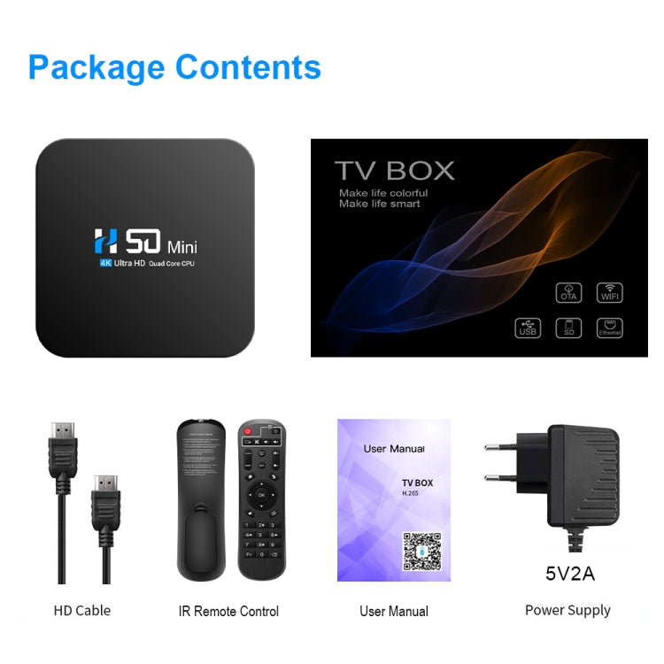 Mini Box TV Réseau Intelligent 4K H50, Android 10.0, Quad Core RK3318, 2Go+16Go, prise UE, 2Go+16Go
