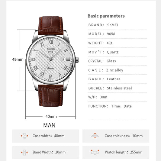 SKMEI 9058 Montre-bracelet à quartz multifonctionnelle étanche à coque argentée, EDA00092301A, EDA00092301B, EDA00092301C, EDA00092301D, EDA00092301E, EDA00092301F