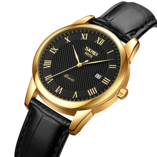 SKMEI 9058 Montre-bracelet à quartz multifonctionnelle étanche à coque dorée, style femme cadran noir bracelet noir, style femme cadran argent bracelet marron, style femme cadran doré bracelet marron, style homme cadran argent bracelet marron...
