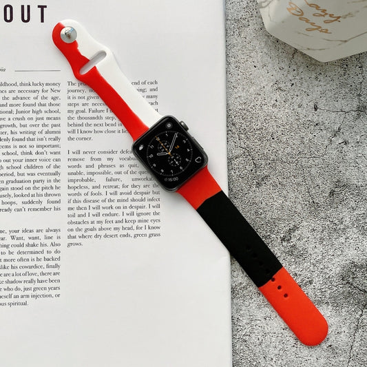 Farblich passende Ersatzarmbänder aus Silikon für Apple Watch Series 6 & SE & 5 & 4 40mm / 3 & 2 & 1 38mm, für Apple Watch 40mm/38mm (Schwarz+Rot+Weiß), für Apple Watch 40mm/38mm (Rot+Weiß+Schwarz), für Apple Watch 40mm/38mm (Hellblau+Dunkelblau+Gelb)
