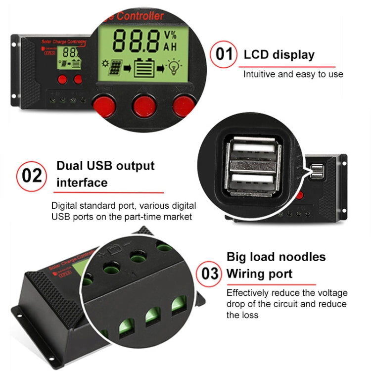 PWM Solar Controller 12V / 24V Lithium Battery Charging Photovoltaic Panel Charging Street Light Controller with Dual USB Output, CPLS-10A, CPLS-20A, CPLS-30A, CPLS-40A, CPLS-50A, CPLS-60A