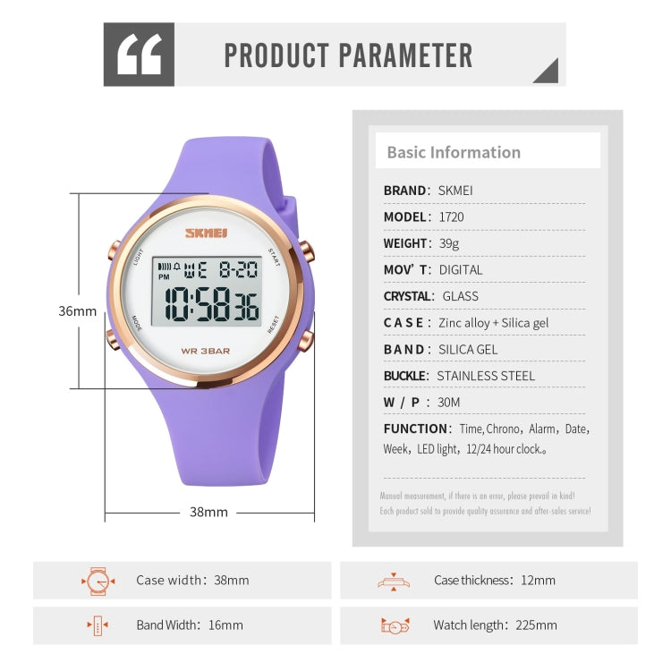 SKMEI 1720 Montre électronique à cadran rond, affichage numérique LED, bracelet en silicone lumineux