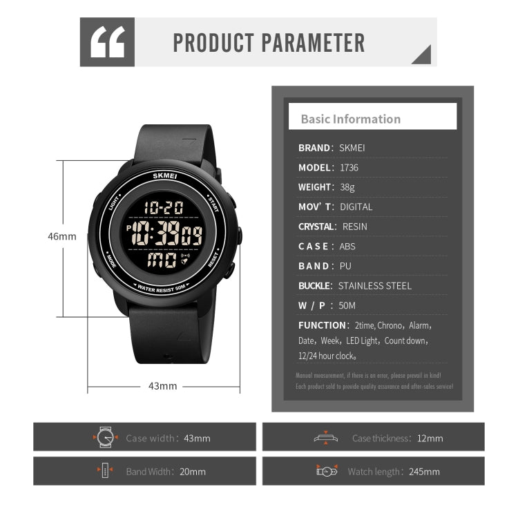 SKMEI 1736 Montre électronique lumineuse avec affichage numérique LED, cadran rond et triple heure.
