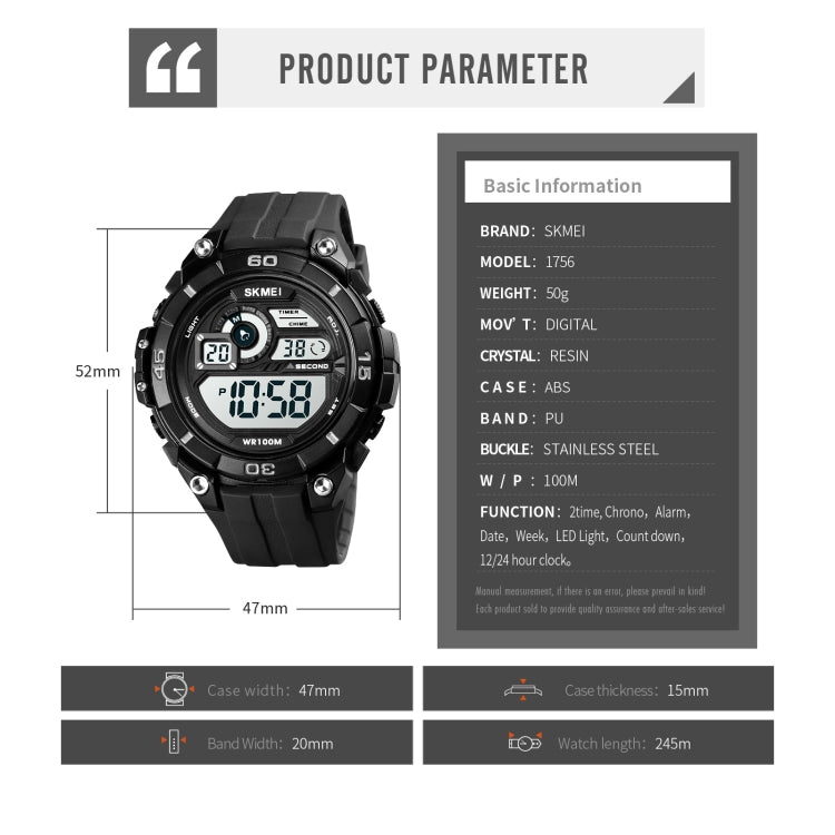 SKMEI 1756 Double fuseau horaire Compte à rebours Réveil Homme Sport Lumineux Montre Électronique