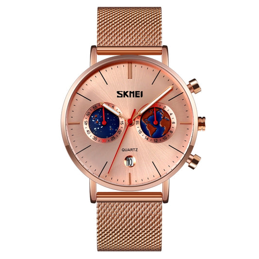 SKMEI 9231 Montre à Quartz pour Homme avec Motif Carte, Calendrier, Chronomètre et Bracelet en Acier Inoxydable